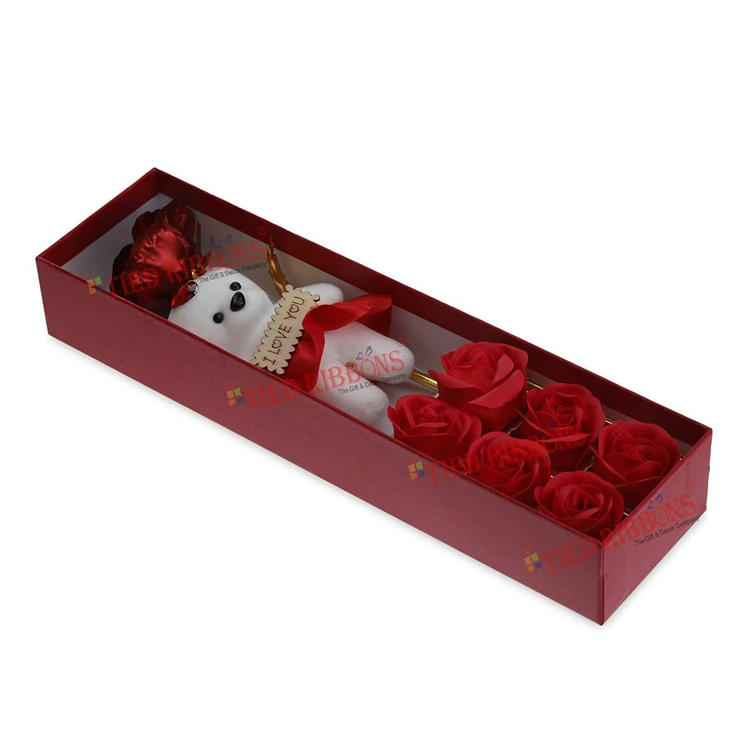Tied Ribbons Rose Flower Artificial With Teddy - Valentines Day Gift Box | Grocsy
