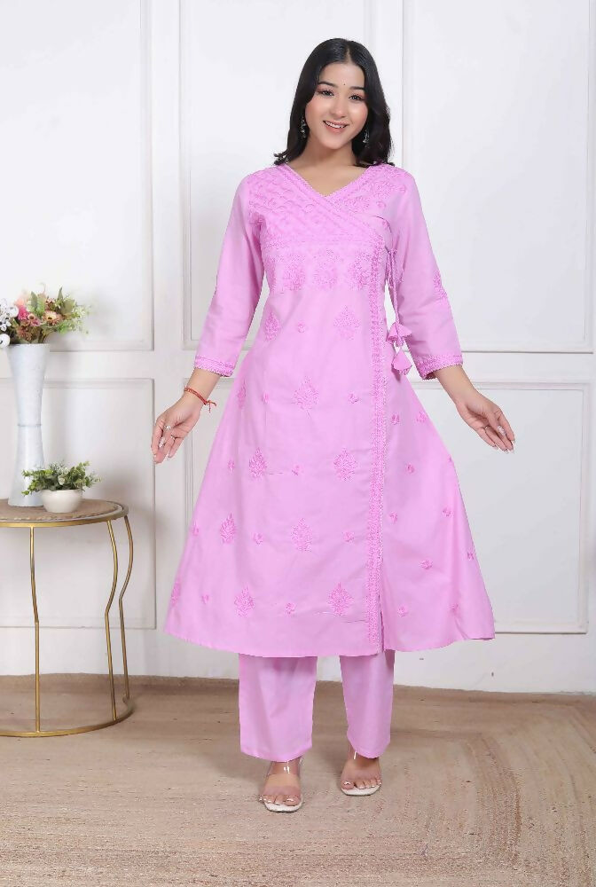 Miravan Womens Pink Lucknowi Angrakha Style Kurta With Palazzo | Grocsy