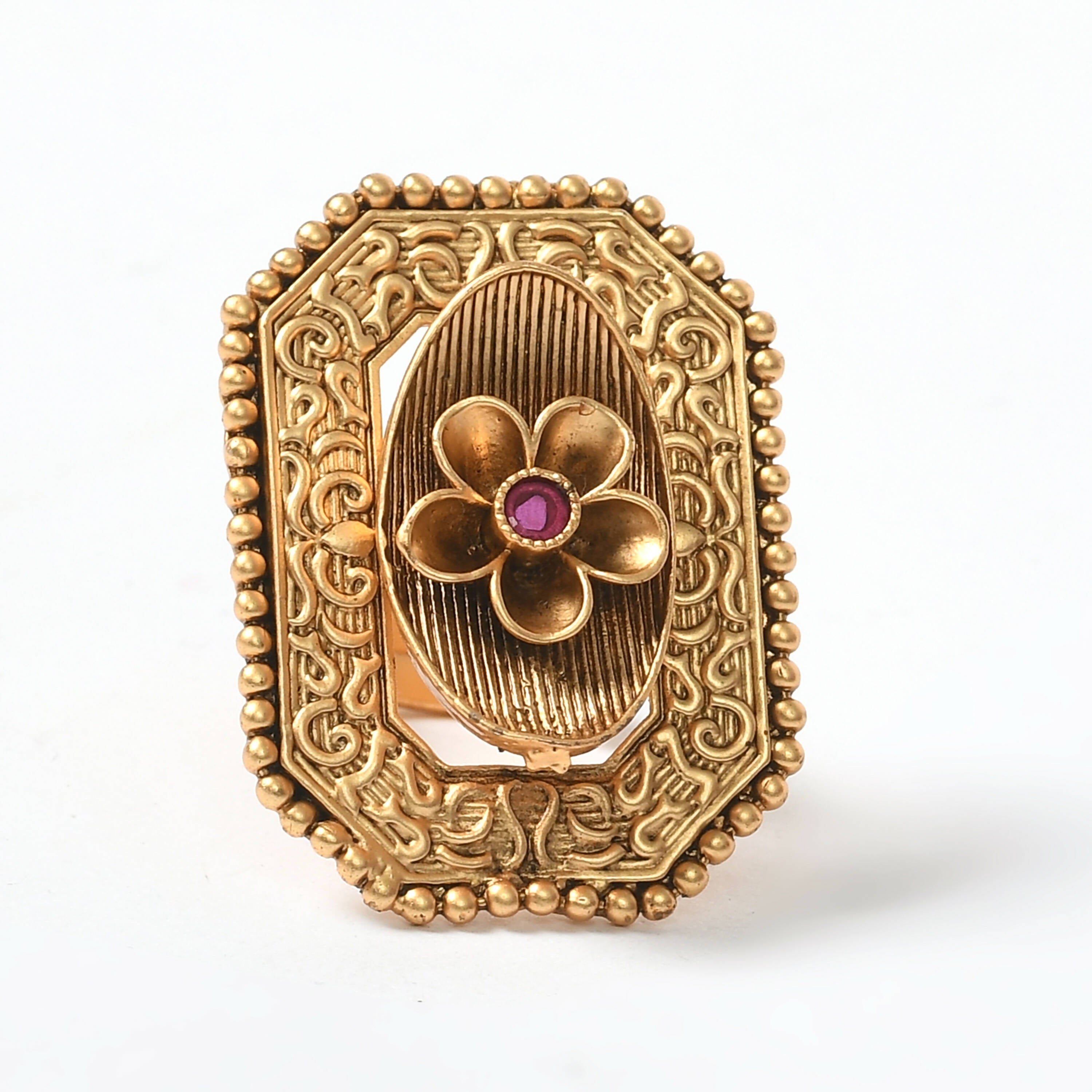 Mominos Fashion Joharkamal Gold-Polished Stone Studded Adjustable Finger Ring - Design 018 | Grocsy