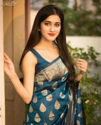 DEIANA'S Beautiful Designer Golden zari Soft Lichi Silk Saree - Navy Blue | Grocsy