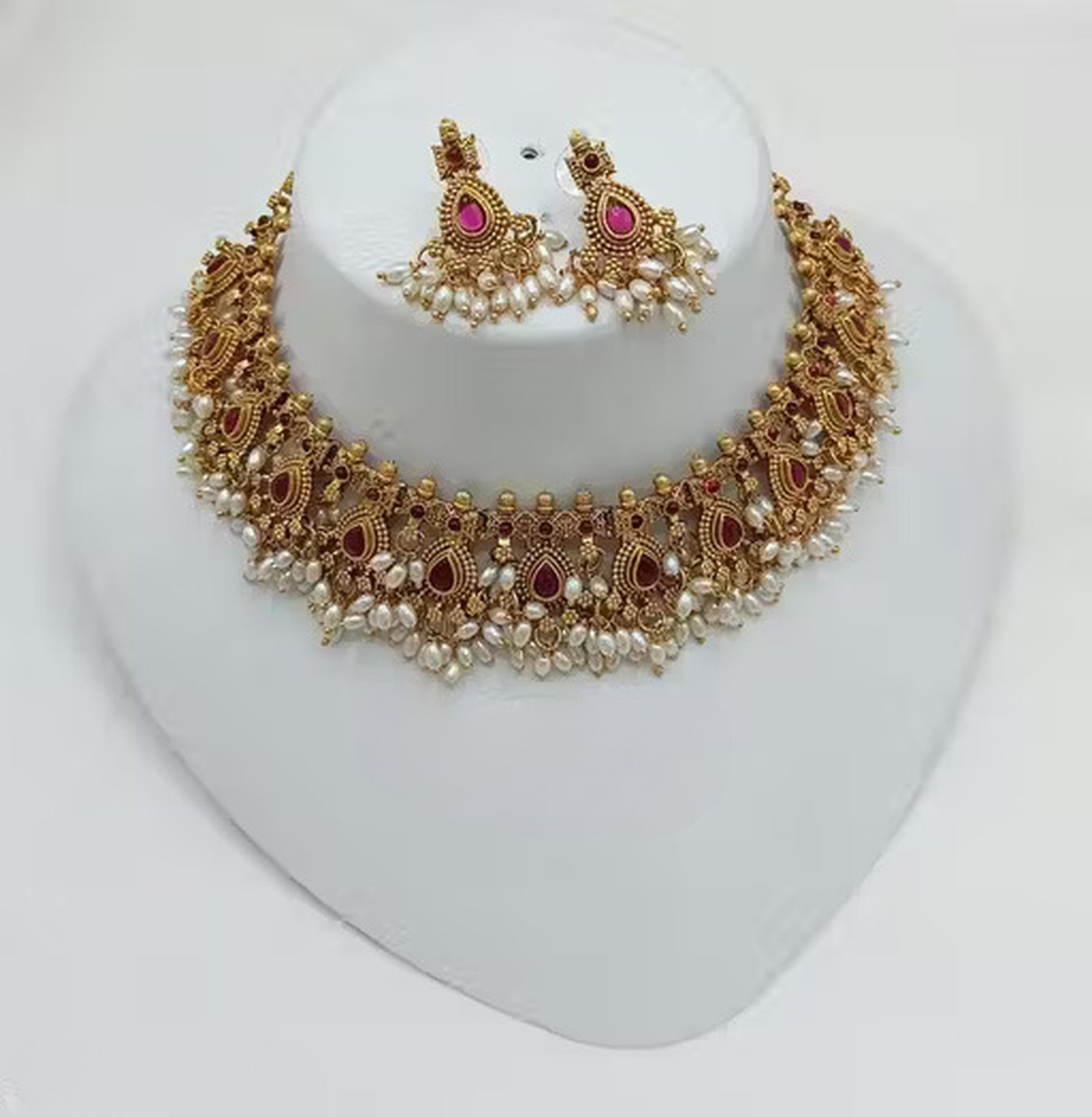 Jewel City Handcrafted Antique Gold-Plated Kundan Choker Necklace Set with Pearls | Traditional Indian Ethnic Bridal Jewelry Set | Grocsy