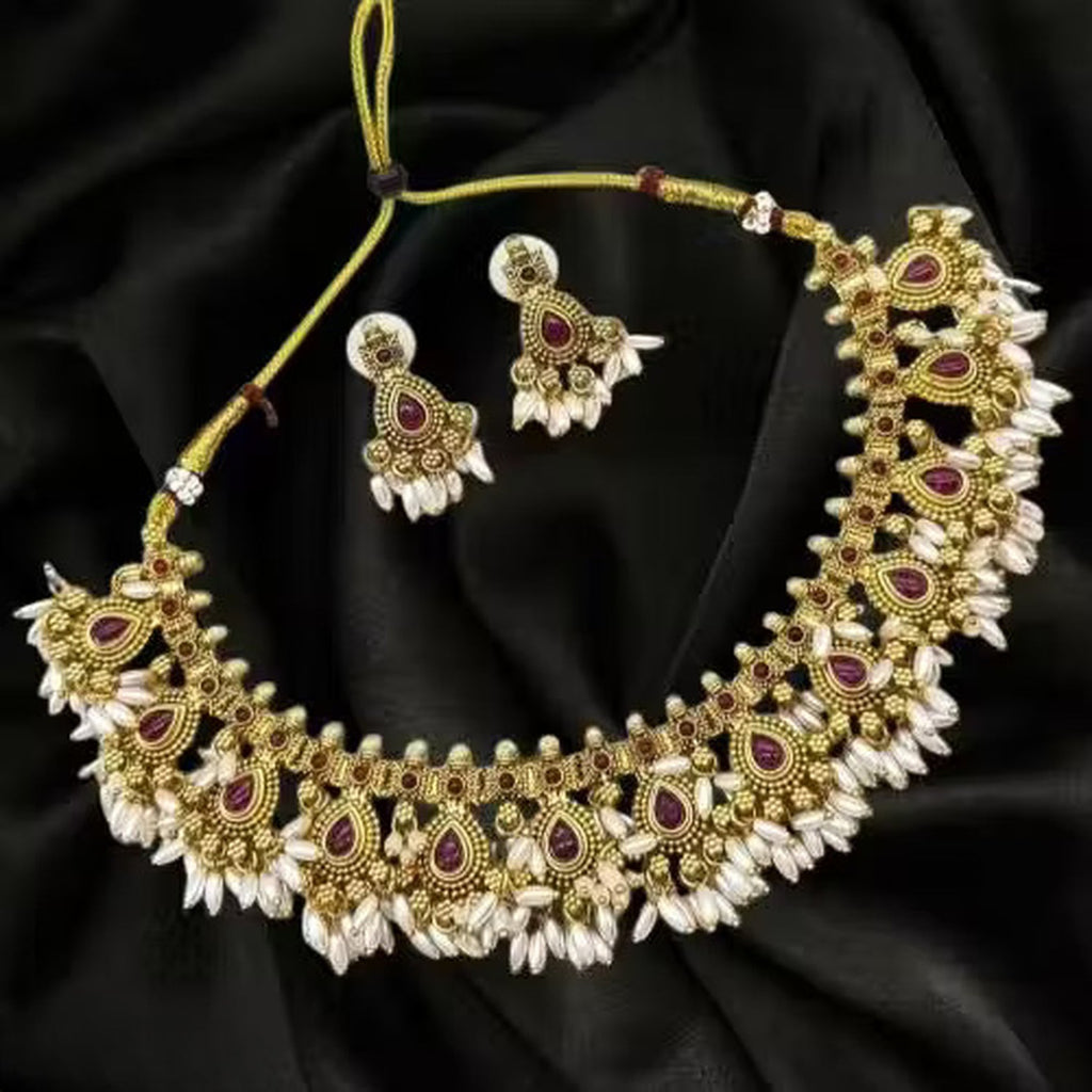 Jewel City Handcrafted Antique Gold-Plated Kundan Choker Necklace Set with Pearls | Traditional Indian Ethnic Bridal Jewelry Set | Grocsy