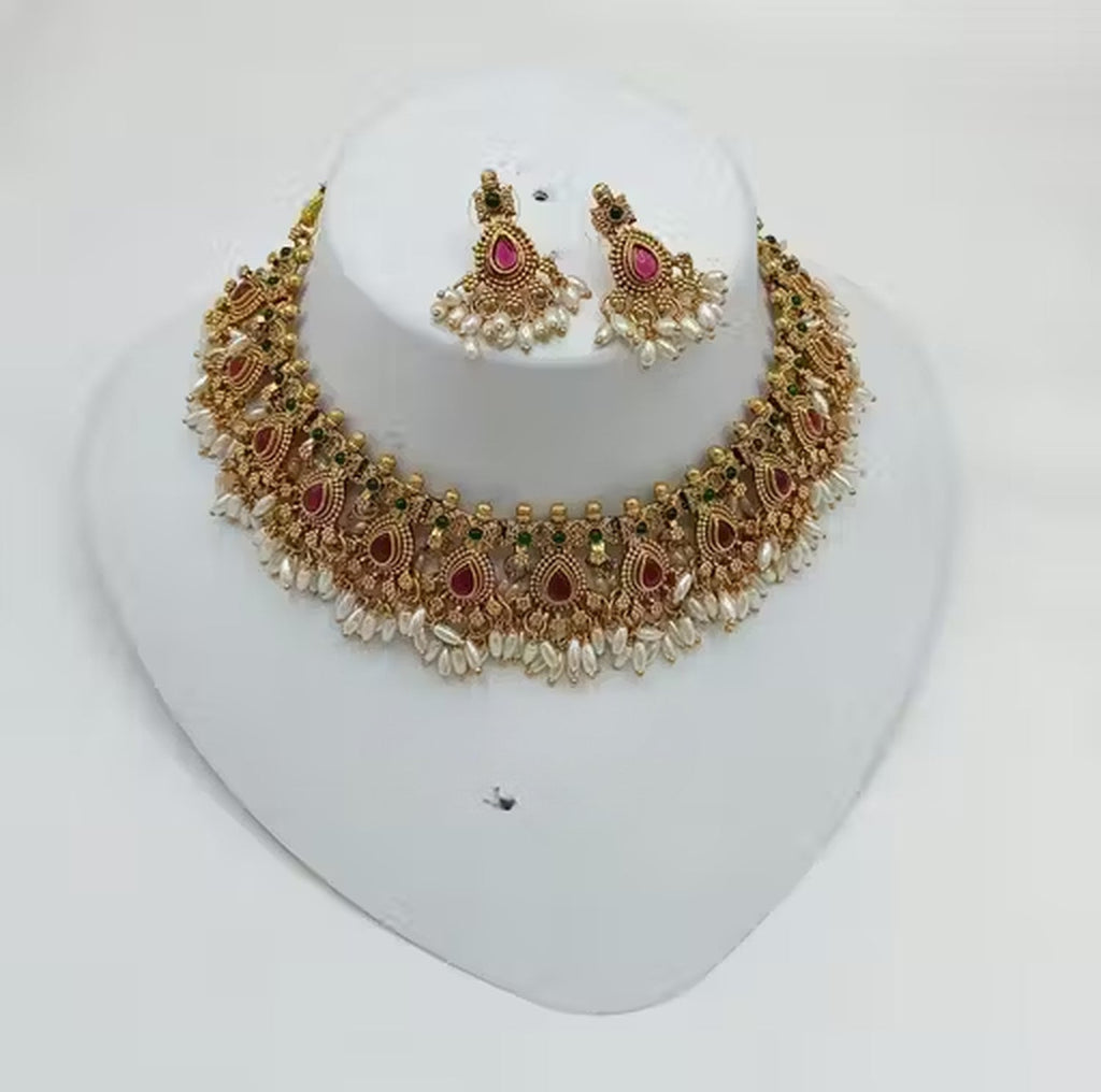 Jewel City Handcrafted Antique Gold-Plated Kundan Choker Necklace Set with Pearls | Traditional Indian Ethnic Bridal Jewelry Set | Grocsy