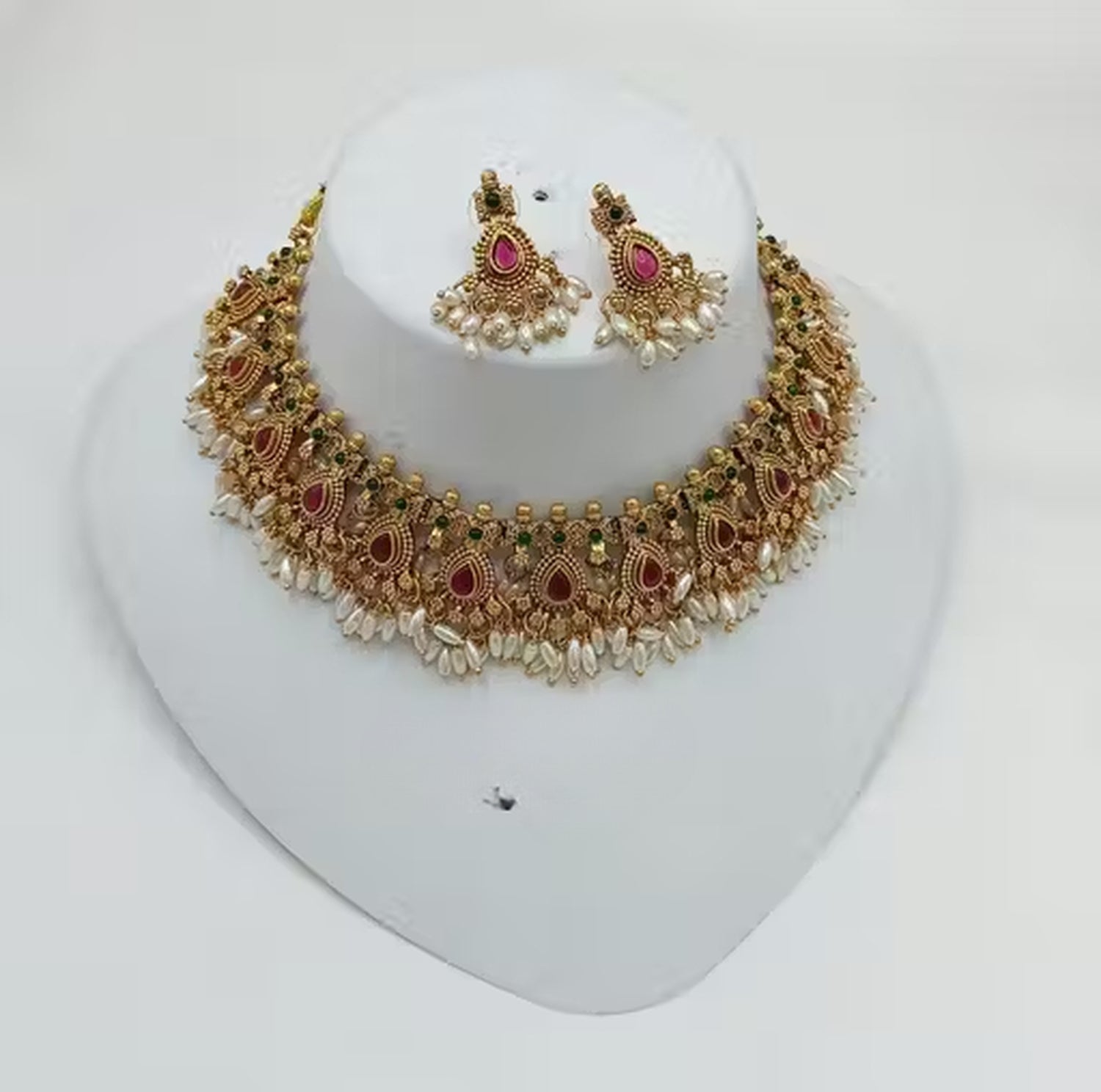 Jewel City Handcrafted Antique Gold-Plated Kundan Choker Necklace Set with Pearls | Traditional Indian Ethnic Bridal Jewelry Set | Grocsy