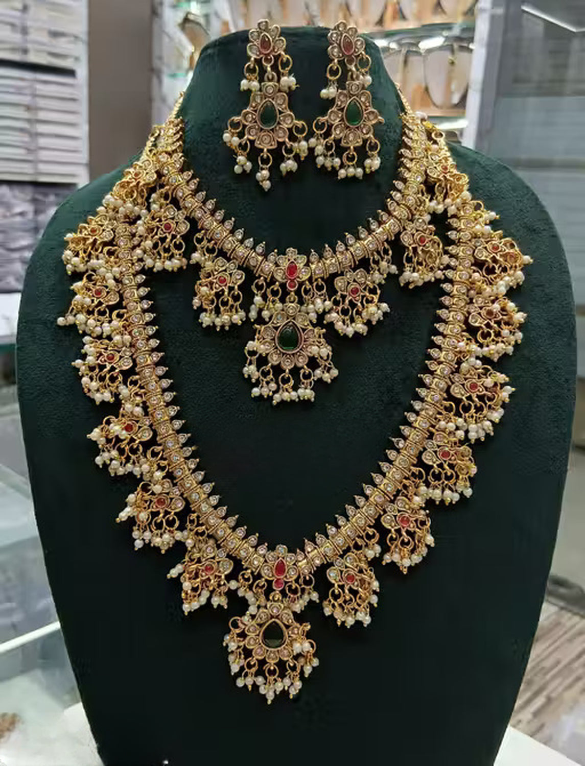 Jewel City Royal Kundan Bridal Necklace Set with Earrings | Multi-Layered Gold-Plated Pearl & Stone Indian Wedding Jewelry for Women | Grocsy