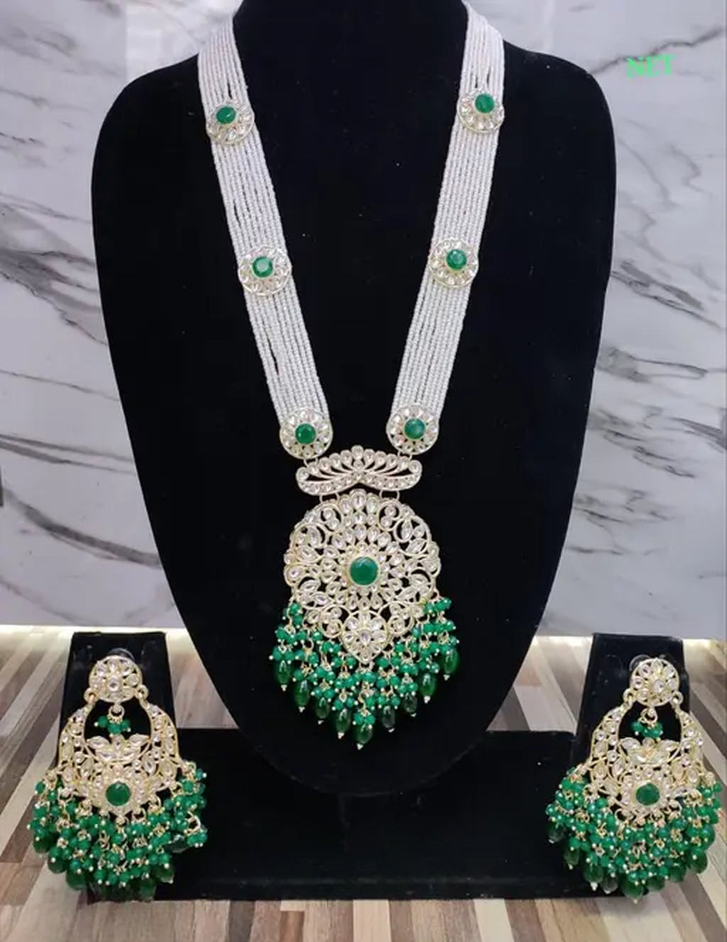 Jewel City Emerald Green Beaded Kundan Necklace Set with Matching Chandelier Earrings Traditional Indian Wedding Jewelry Collection | Grocsy