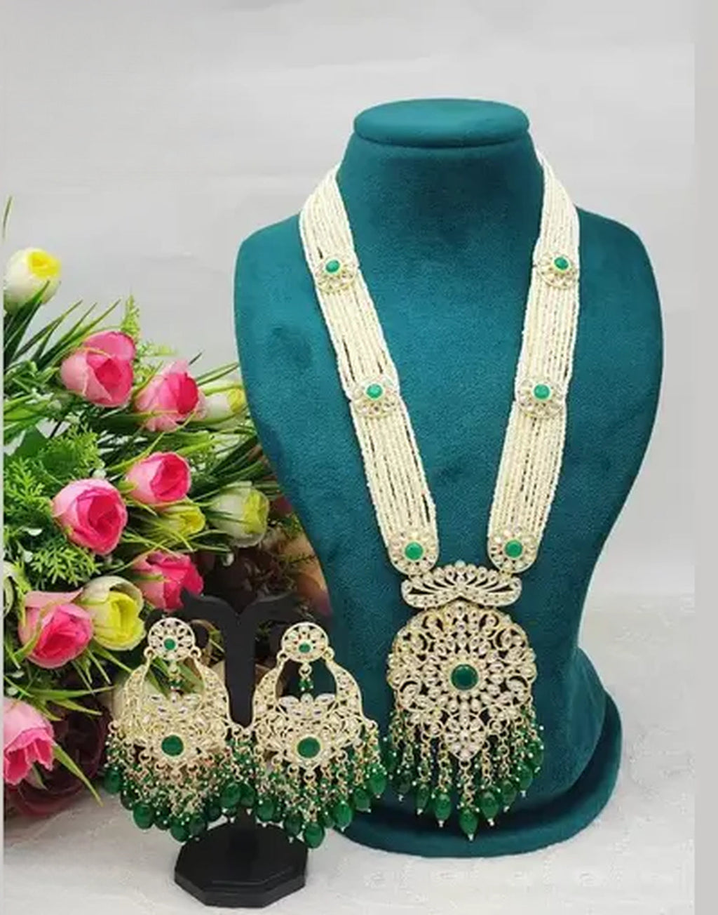 Jewel City Emerald Green Beaded Kundan Necklace Set with Matching Chandelier Earrings Traditional Indian Wedding Jewelry Collection | Grocsy
