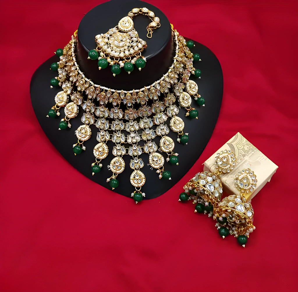 Jewel City Kundan Choker Necklace Set with Maang Tikka & Jhumka Earrings - Traditional Indian Bridal Jewelry Collection Gold-Plated | Grocsy