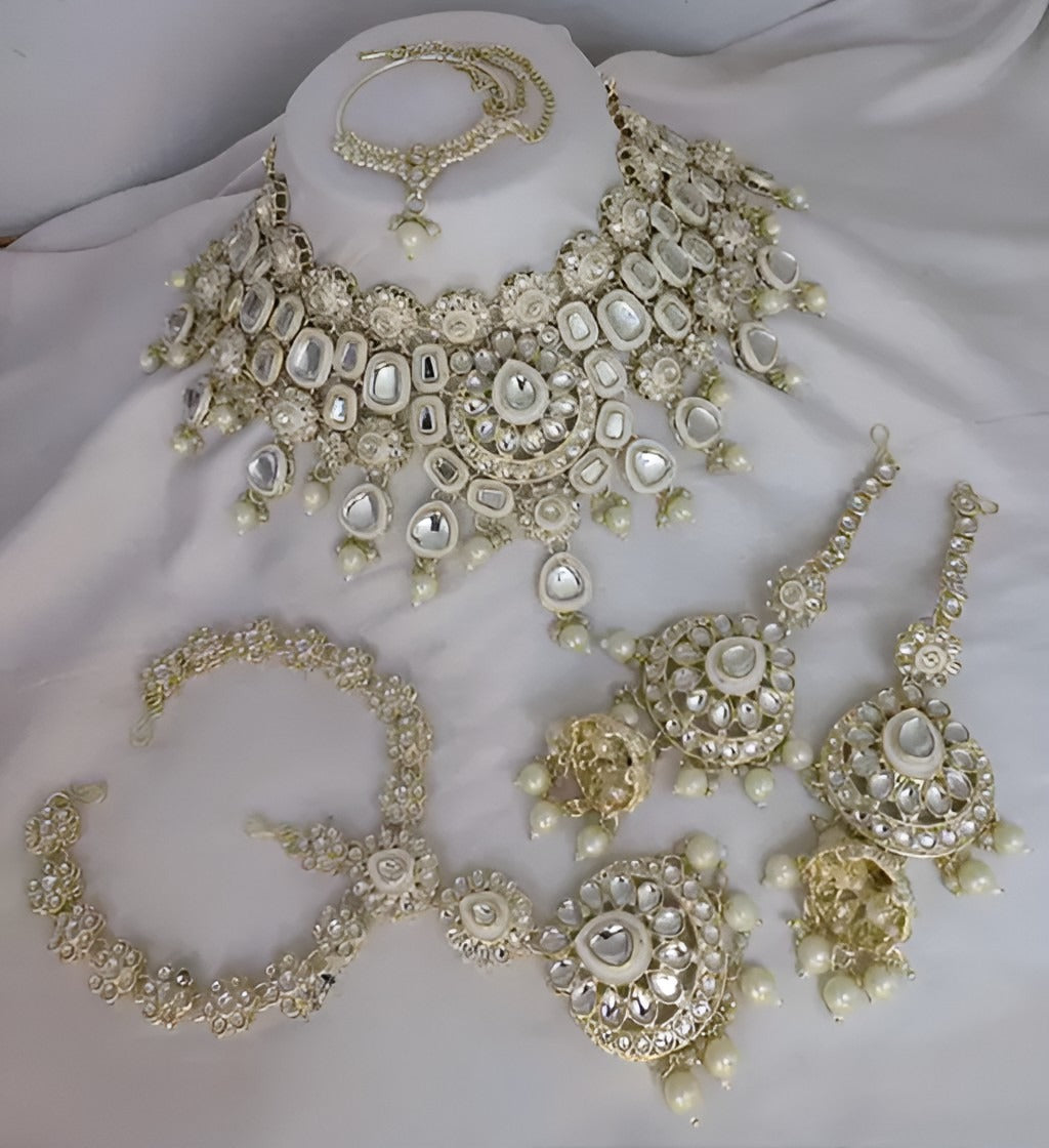 Jewel City Elegant Polki Kundan Bridal Set with Necklace, Earring & Mathapati-Handcrafted Indian Wedding Jewelry with Pearl Accents | Grocsy