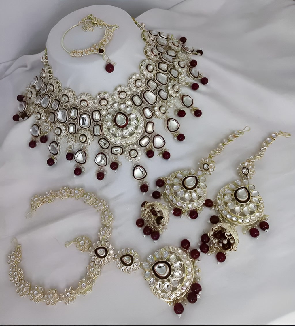 Jewel City Elegant Polki Kundan Bridal Set with Necklace, Earring & Mathapati-Handcrafted Indian Wedding Jewelry with Pearl Accents | Grocsy