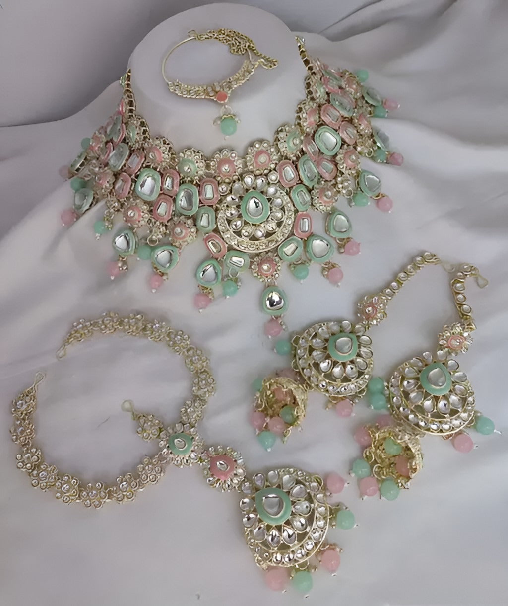 Jewel City Elegant Polki Kundan Bridal Set with Necklace, Earring & Mathapati-Handcrafted Indian Wedding Jewelry with Pearl Accents | Grocsy