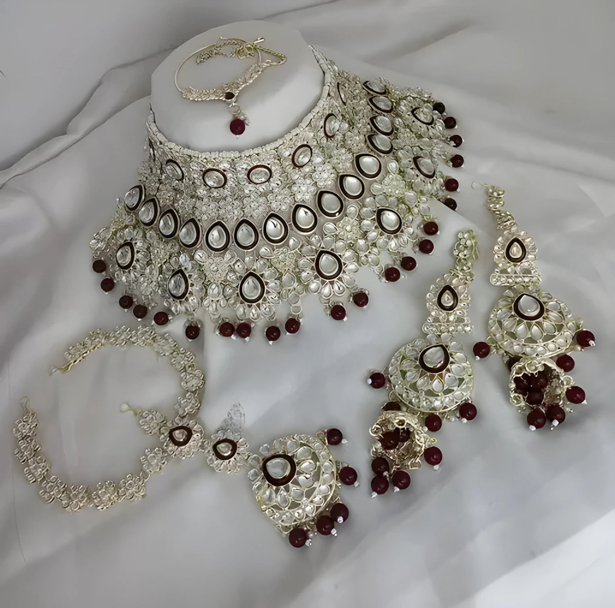 Jewel City Luxurious Maroon Kundan Bridal Set - Complete Semi Wedding Jewelry Collection with Pearl Embellishments | Grocsy