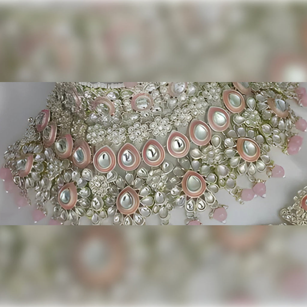Jewel City Luxurious Rose Quartz Kundan Bridal Set - Complete Semi Wedding Jewelry Collection with Pearl Embellishments | Grocsy