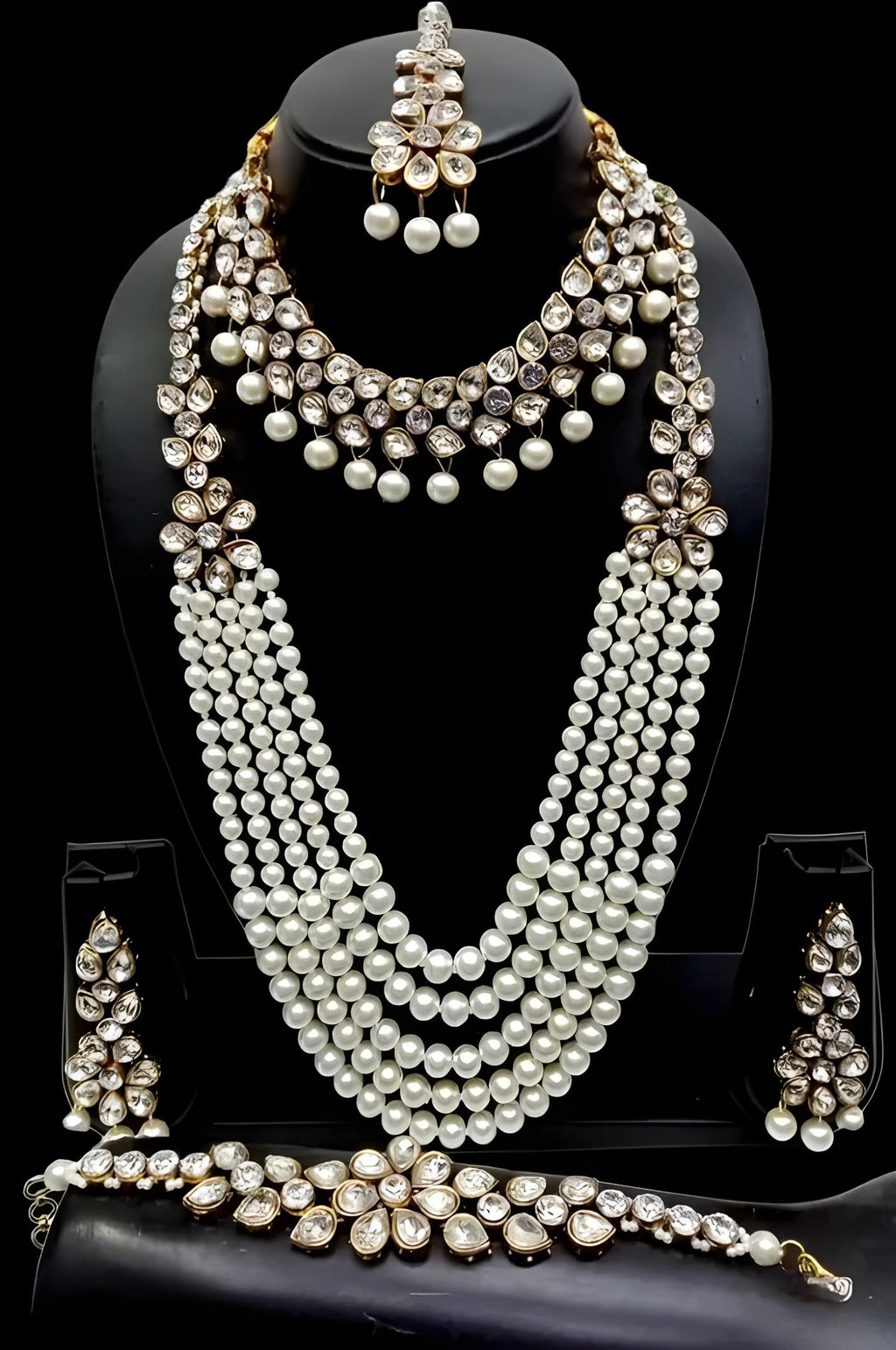 Jewel City Kundan Pearl Bridal Jewelry Set-Traditional Gold-Plated Indian Wedding Necklace Set with Earrings, MaangTikka & Bracelet | Grocsy