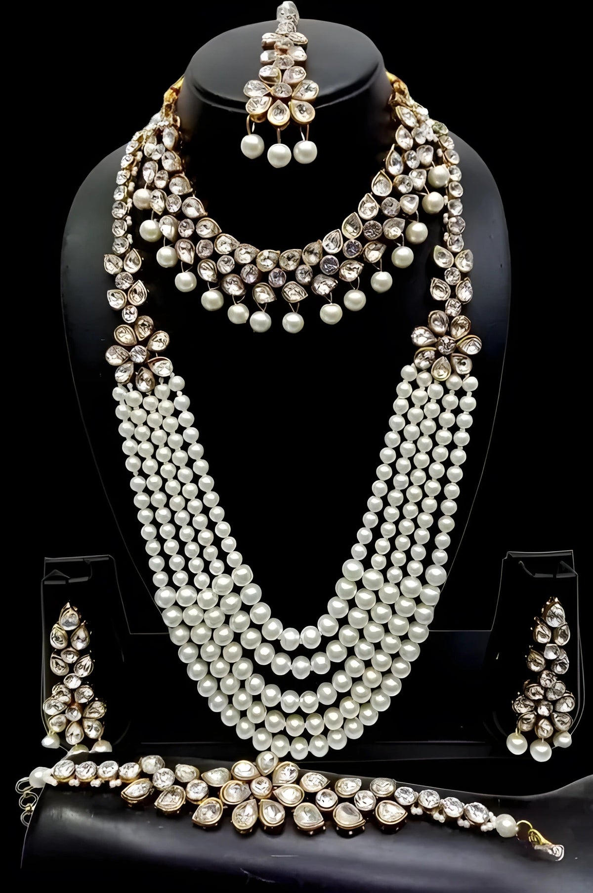 Jewel City Kundan Pearl Bridal Jewelry Set-Traditional Gold-Plated Indian Wedding Necklace Set with Earrings, MaangTikka & Bracelet | Grocsy