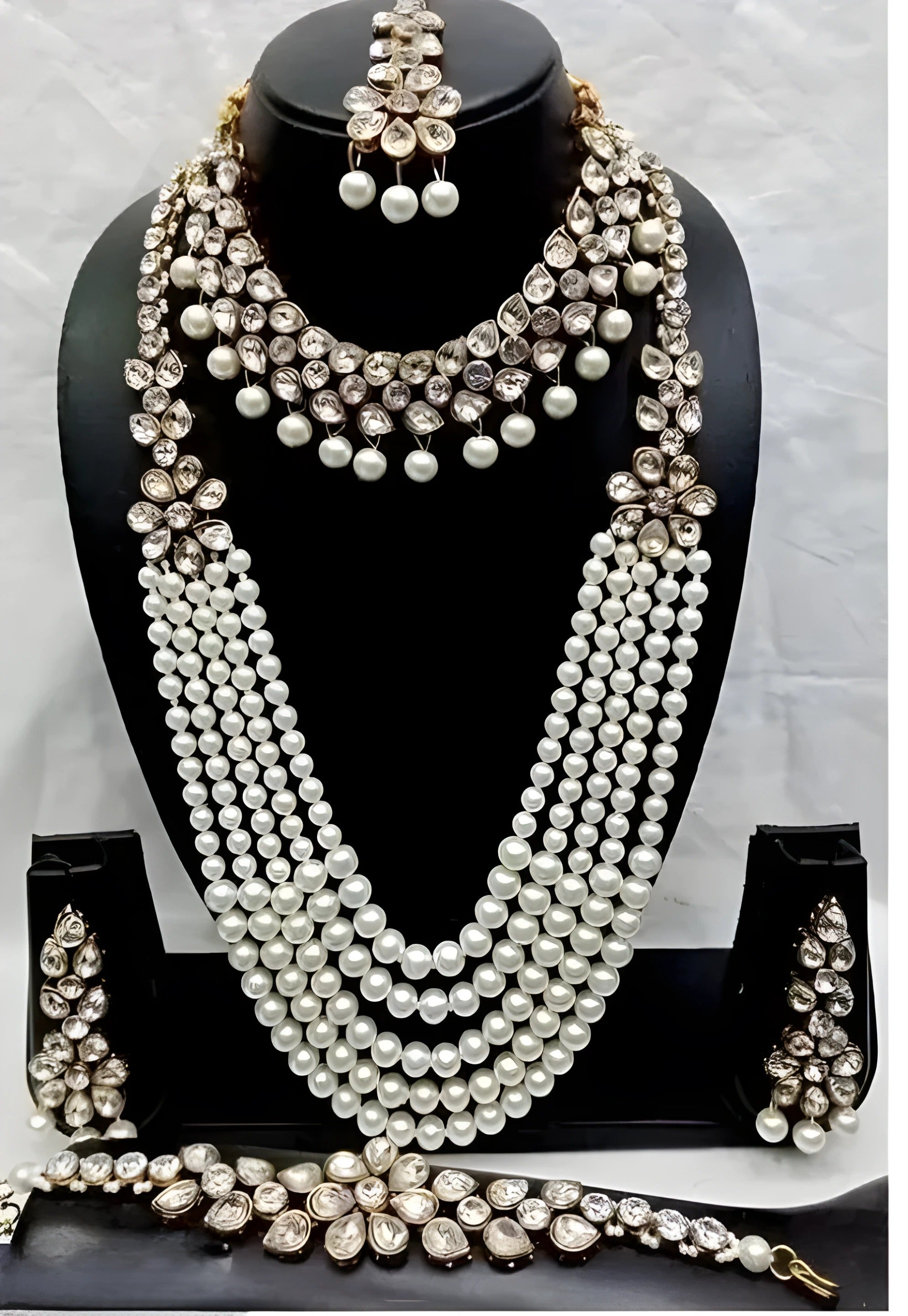 Jewel City Kundan Pearl Bridal Jewelry Set-Traditional Gold-Plated Indian Wedding Necklace Set with Earrings, MaangTikka & Bracelet | Grocsy