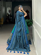 Vastranavya Bandhej And Ajarakh Print Tussar Silk Lehenga Choli - Green | Grocsy