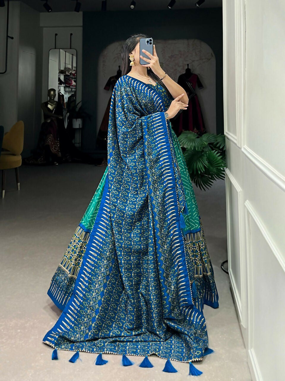Vastranavya Bandhej And Ajarakh Print Tussar Silk Lehenga Choli - Green | Grocsy