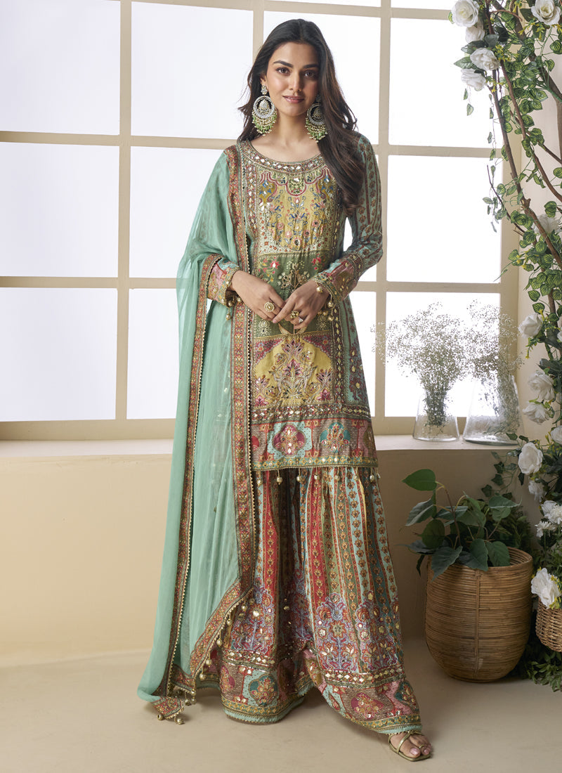 Vegaa Fashion See Green Crepe Silk Digital With Aari Work Palazzo Suit | Grocsy