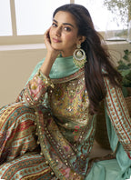 Vegaa Fashion See Green Crepe Silk Digital With Aari Work Palazzo Suit | Grocsy