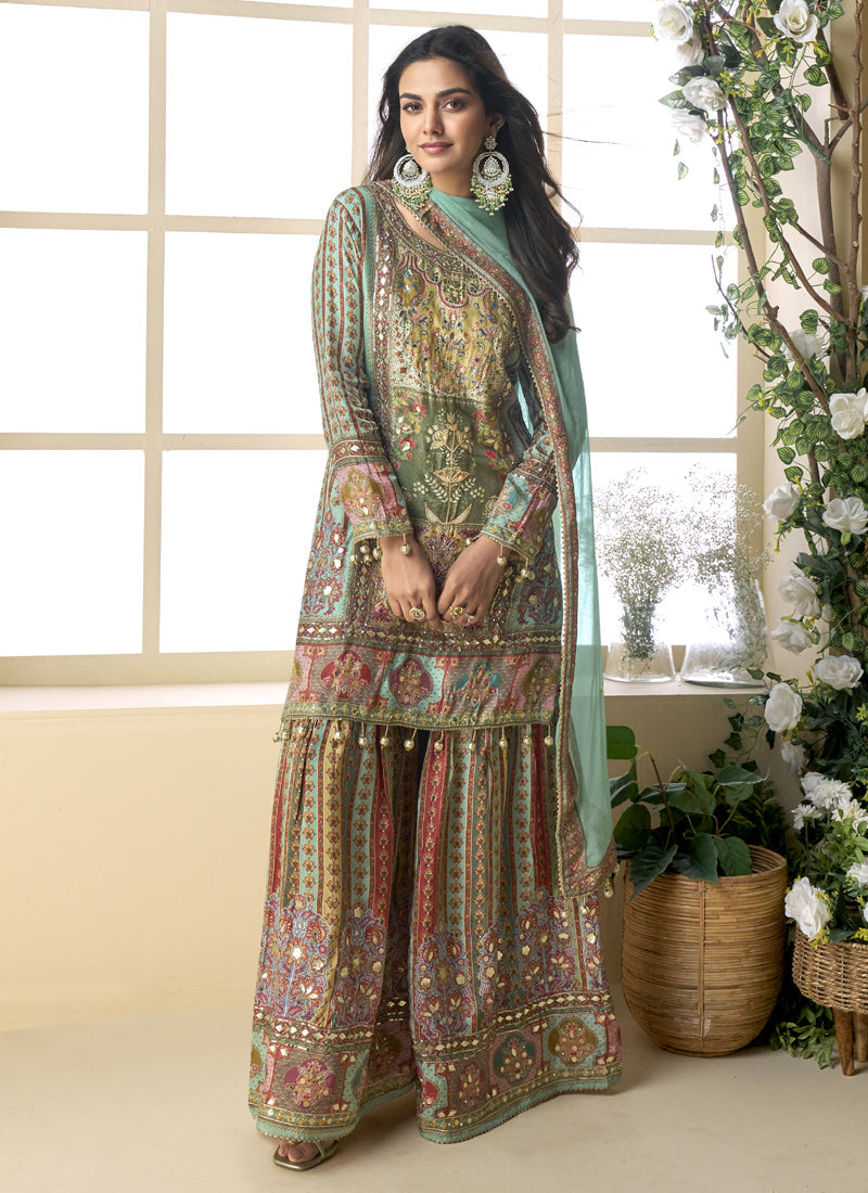 Vegaa Fashion See Green Crepe Silk Digital With Aari Work Palazzo Suit | Grocsy
