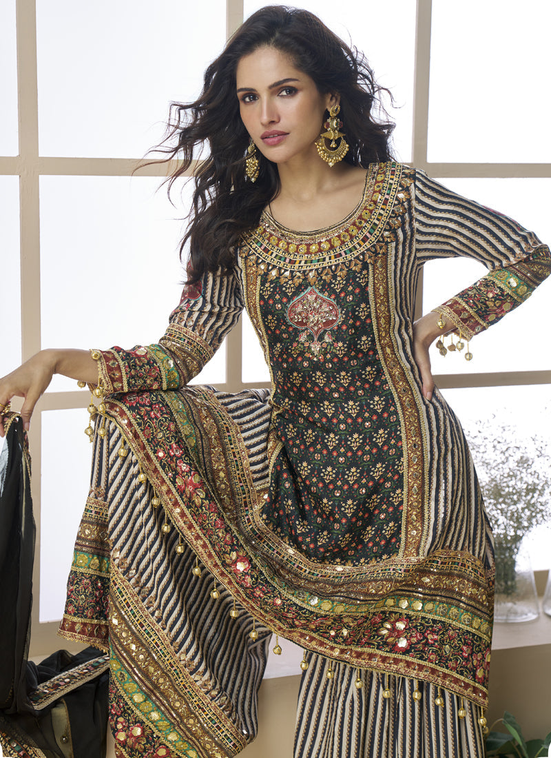 Vegaa Fashion Black Crepe Silk Digital With Aari Work Palazzo Suit | Grocsy