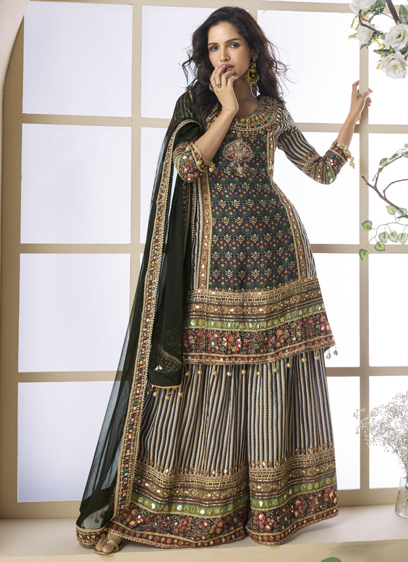 Vegaa Fashion Black Crepe Silk Digital With Aari Work Palazzo Suit | Grocsy