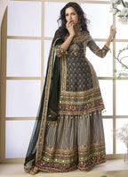 Vegaa Fashion Black Crepe Silk Digital With Aari Work Palazzo Suit | Grocsy