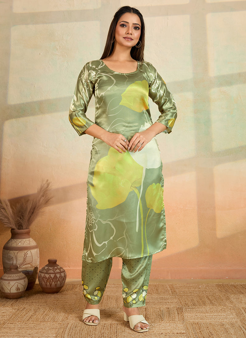 Prazu Fashion Mahendi Green Printed Cotton Reyon Kurta Pant Set | Grocsy