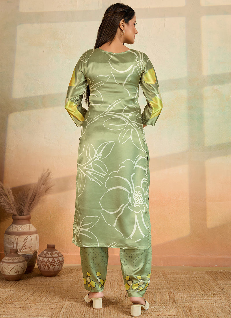 Prazu Fashion Mahendi Green Printed Cotton Reyon Kurta Pant Set | Grocsy