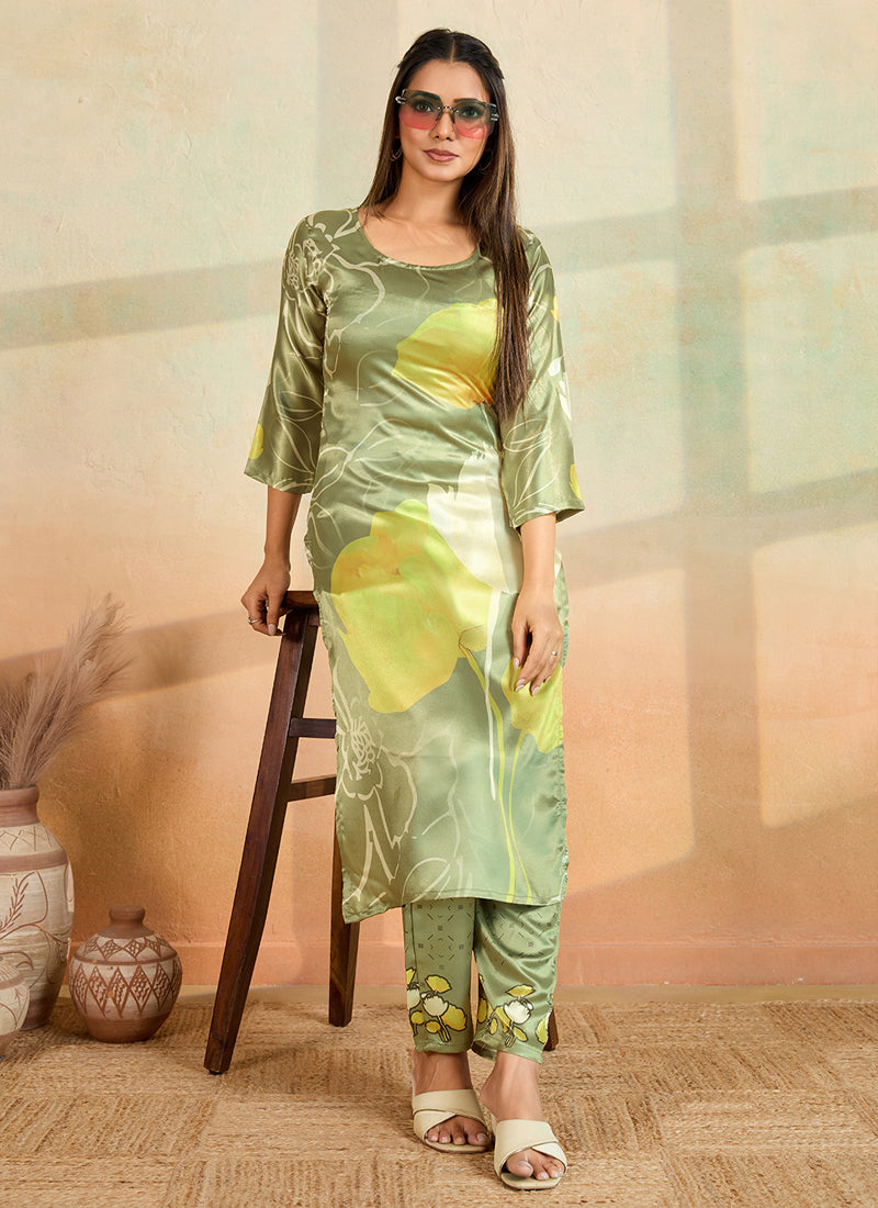 Prazu Fashion Mahendi Green Printed Cotton Reyon Kurta Pant Set | Grocsy