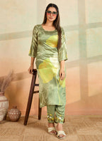 Prazu Fashion Mahendi Green Printed Cotton Reyon Kurta Pant Set | Grocsy