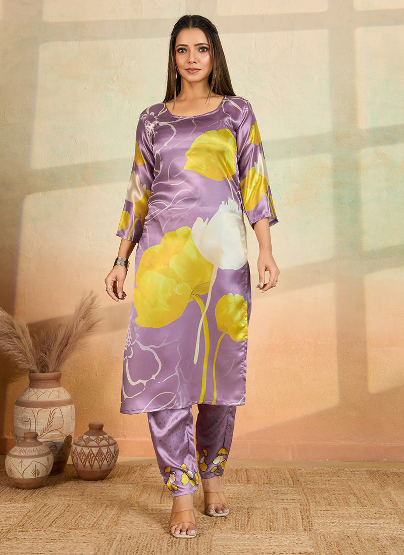 Prazu Fashion Light Lavender Printed Cotton Reyon Kurta Pant Set | Grocsy
