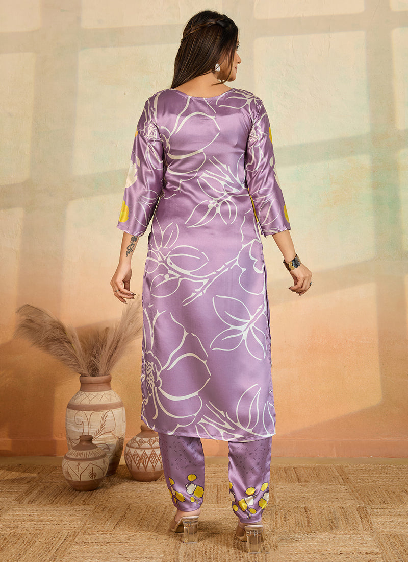 Prazu Fashion Light Lavender Printed Cotton Reyon Kurta Pant Set | Grocsy