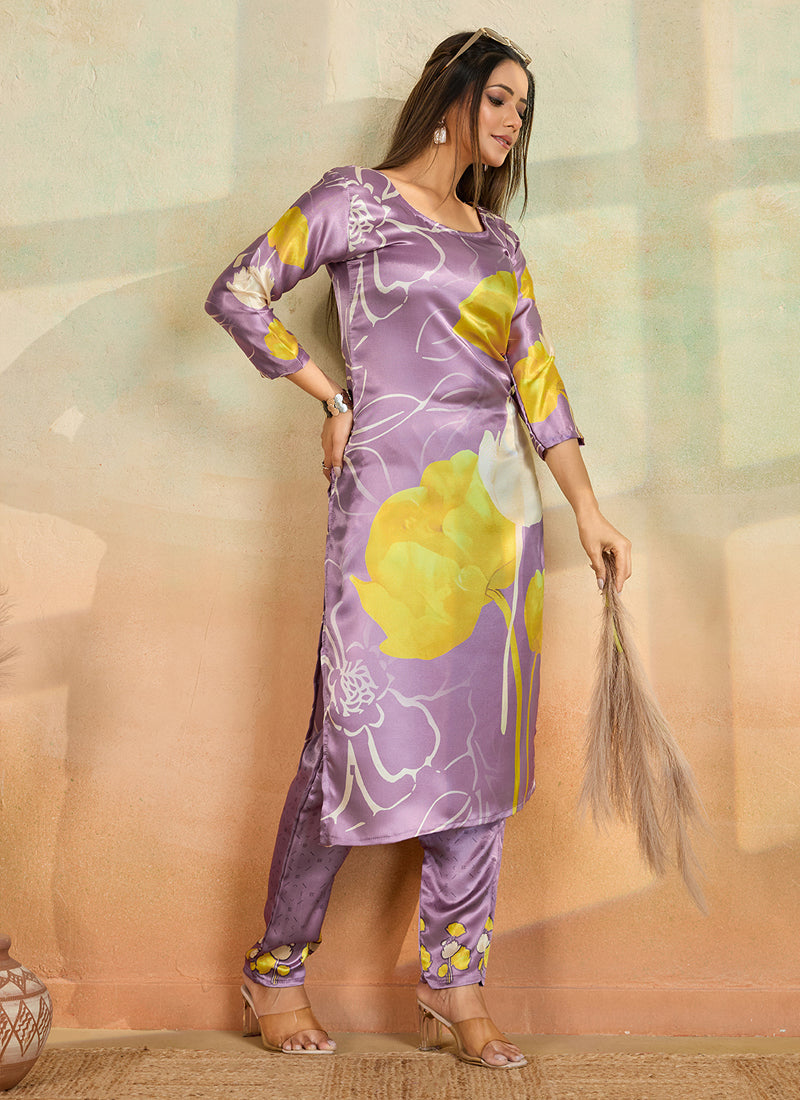 Prazu Fashion Light Lavender Printed Cotton Reyon Kurta Pant Set | Grocsy
