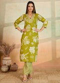 Prazu Fashion Parrot Green Printed Cotton Blend Kurta Pant Set | Grocsy