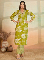 Prazu Fashion Parrot Green Printed Cotton Blend Kurta Pant Set | Grocsy