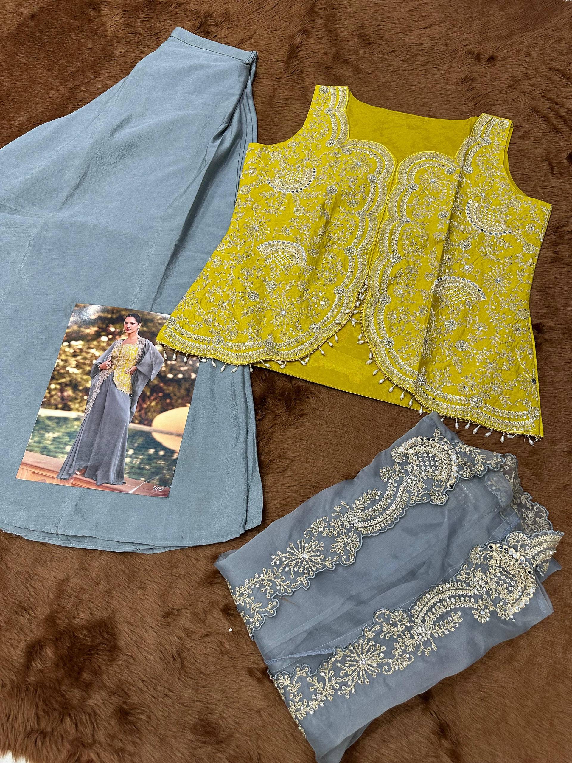 Aarshi Fashions Yellow Chinon Wedding Gowns | Grocsy