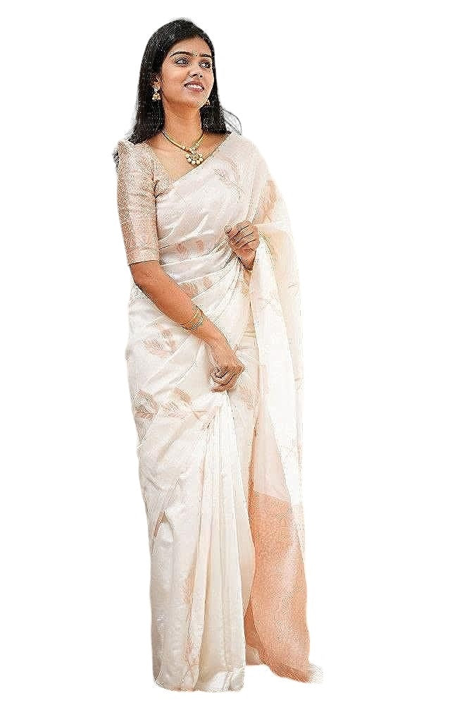 Vamika Weaving Banarasi Jacquard white Kanjivaram Saree | Grocsy