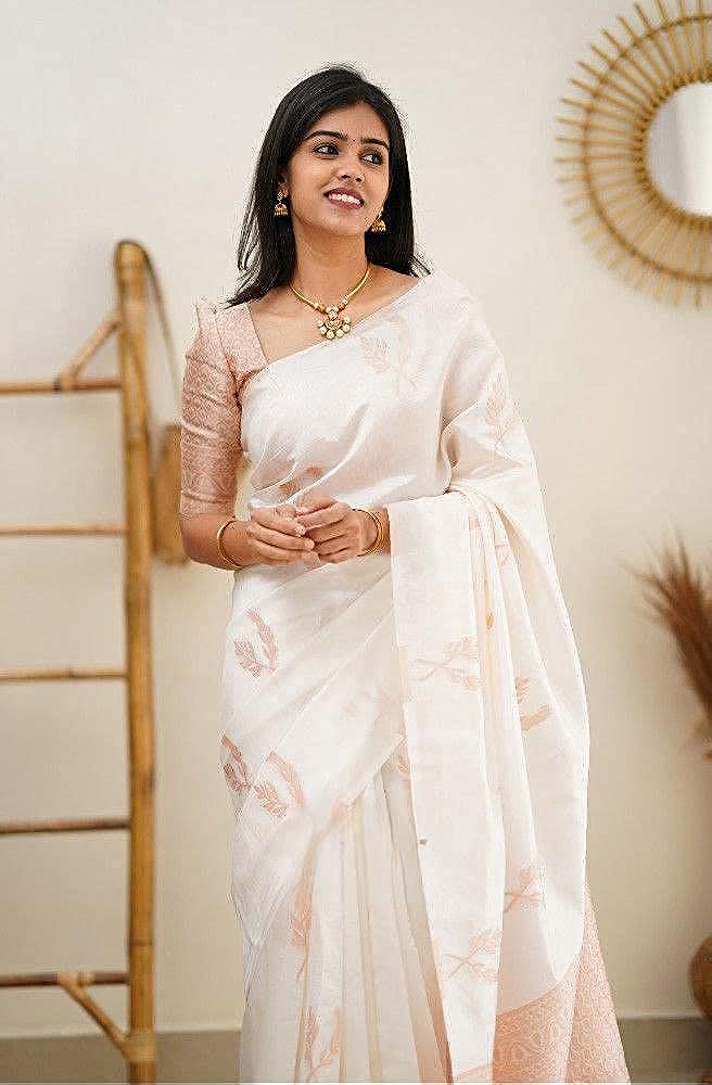 Vamika Weaving Banarasi Jacquard white Kanjivaram Saree | Grocsy