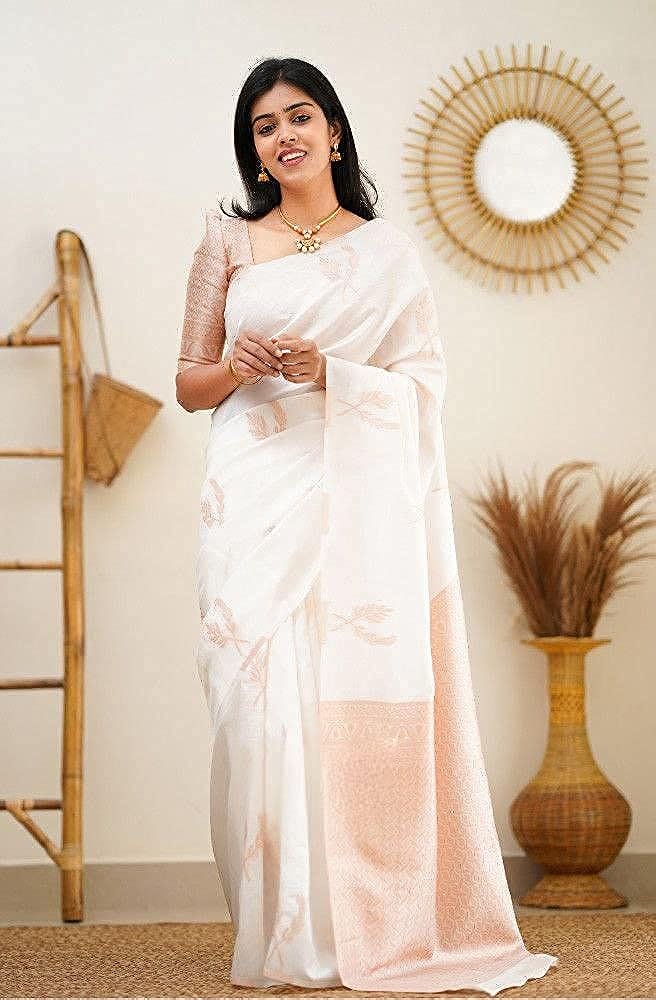 Vamika Weaving Banarasi Jacquard white Kanjivaram Saree | Grocsy