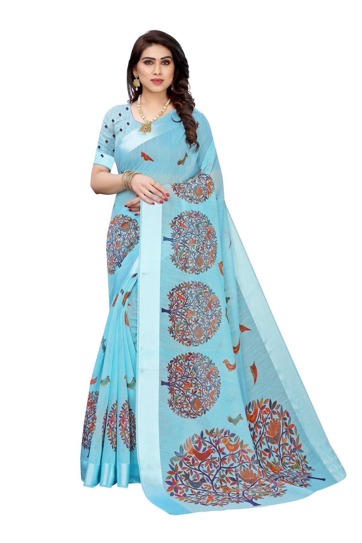 Vamika Linen Satin Border Sky Blue Bollywood Style Saree | Grocsy