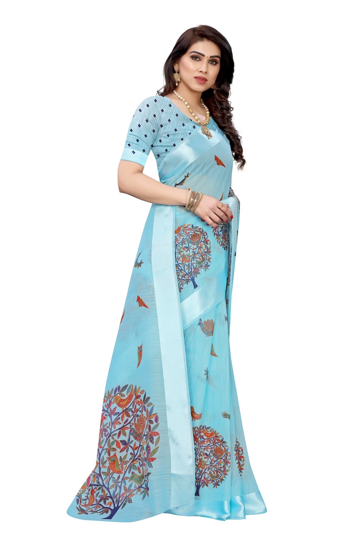 Vamika Linen Satin Border Sky Blue Bollywood Style Saree | Grocsy