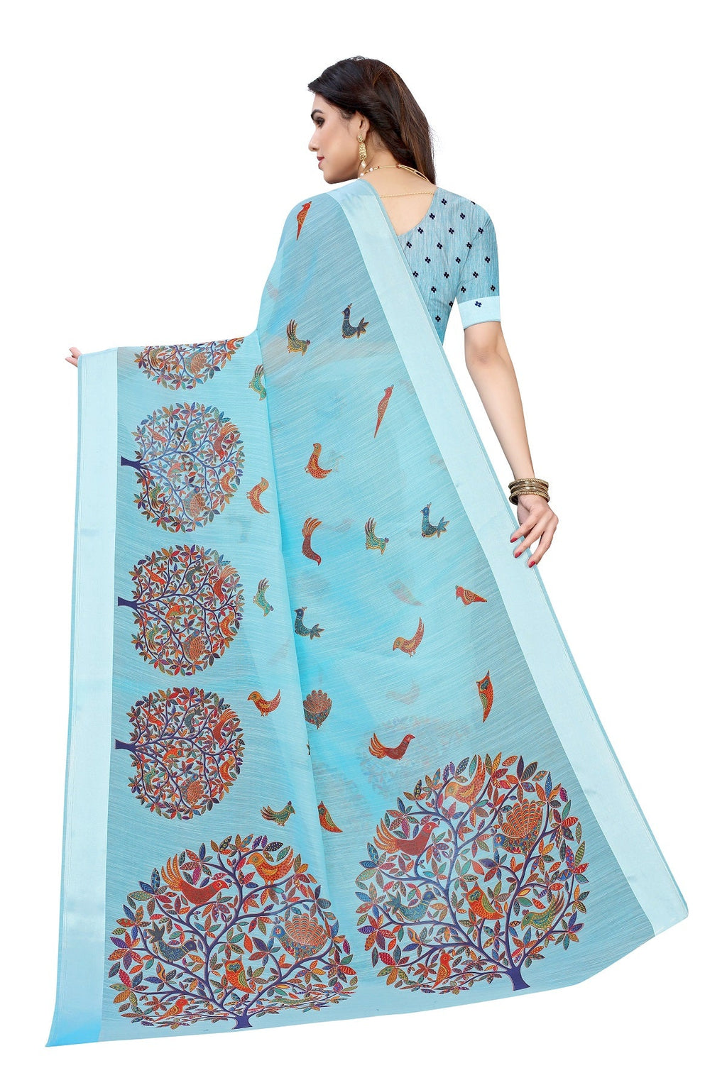 Vamika Linen Satin Border Sky Blue Bollywood Style Saree | Grocsy