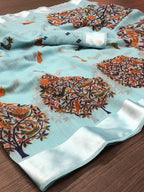 Vamika Linen Satin Border Sky Blue Bollywood Style Saree | Grocsy