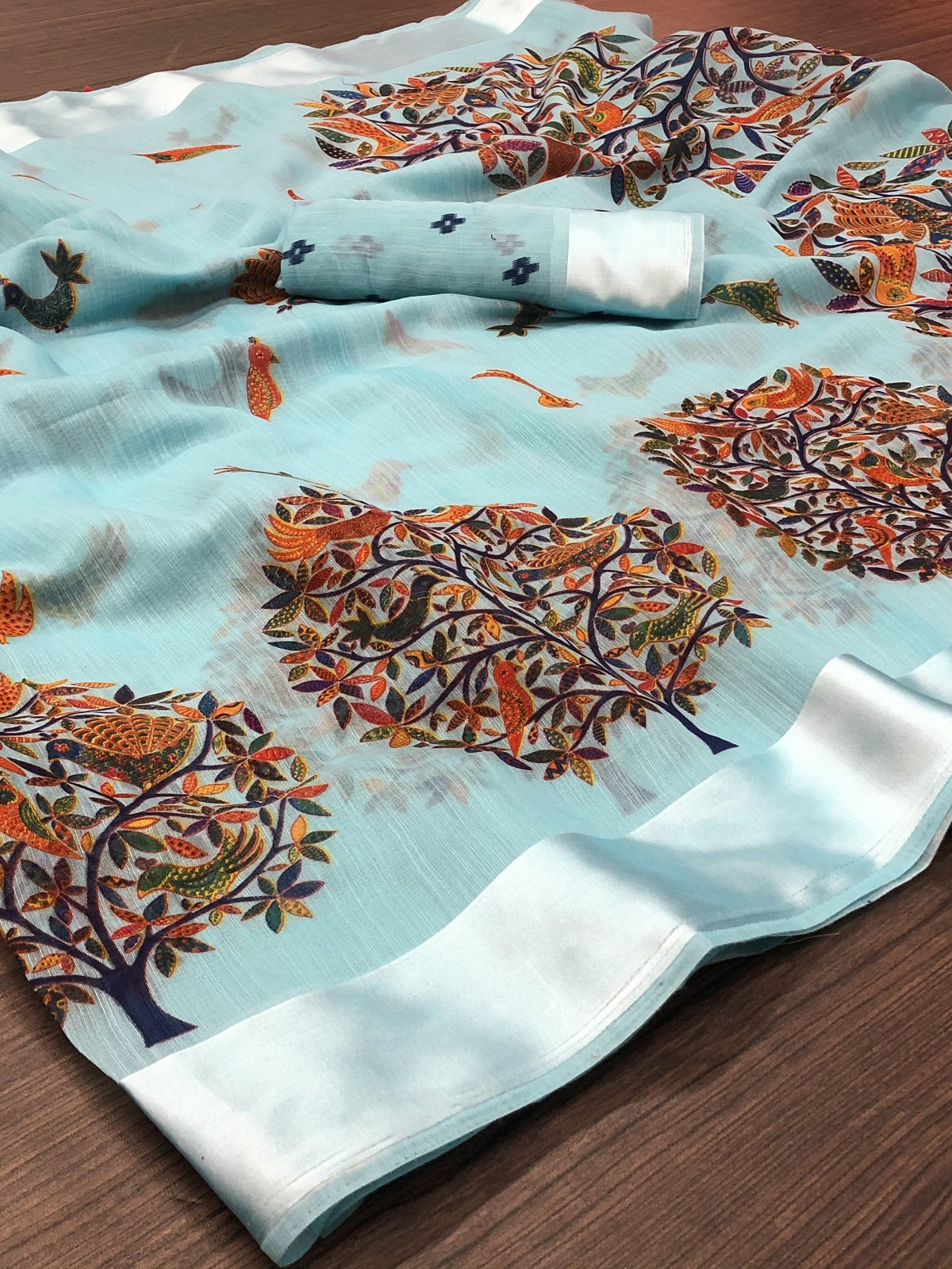 Vamika Linen Satin Border Sky Blue Bollywood Style Saree | Grocsy