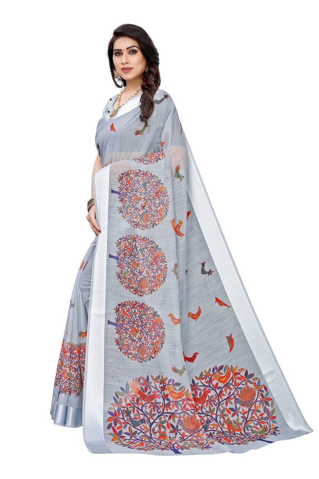 Vamika Linen Satin Border Grey Bollywood Style Saree | Grocsy