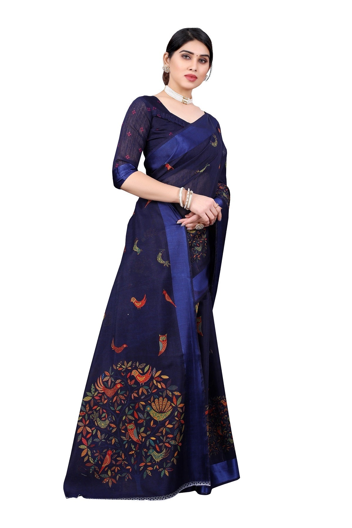 Vamika Linen Satin Border Navy Bollywood Style Saree | Grocsy