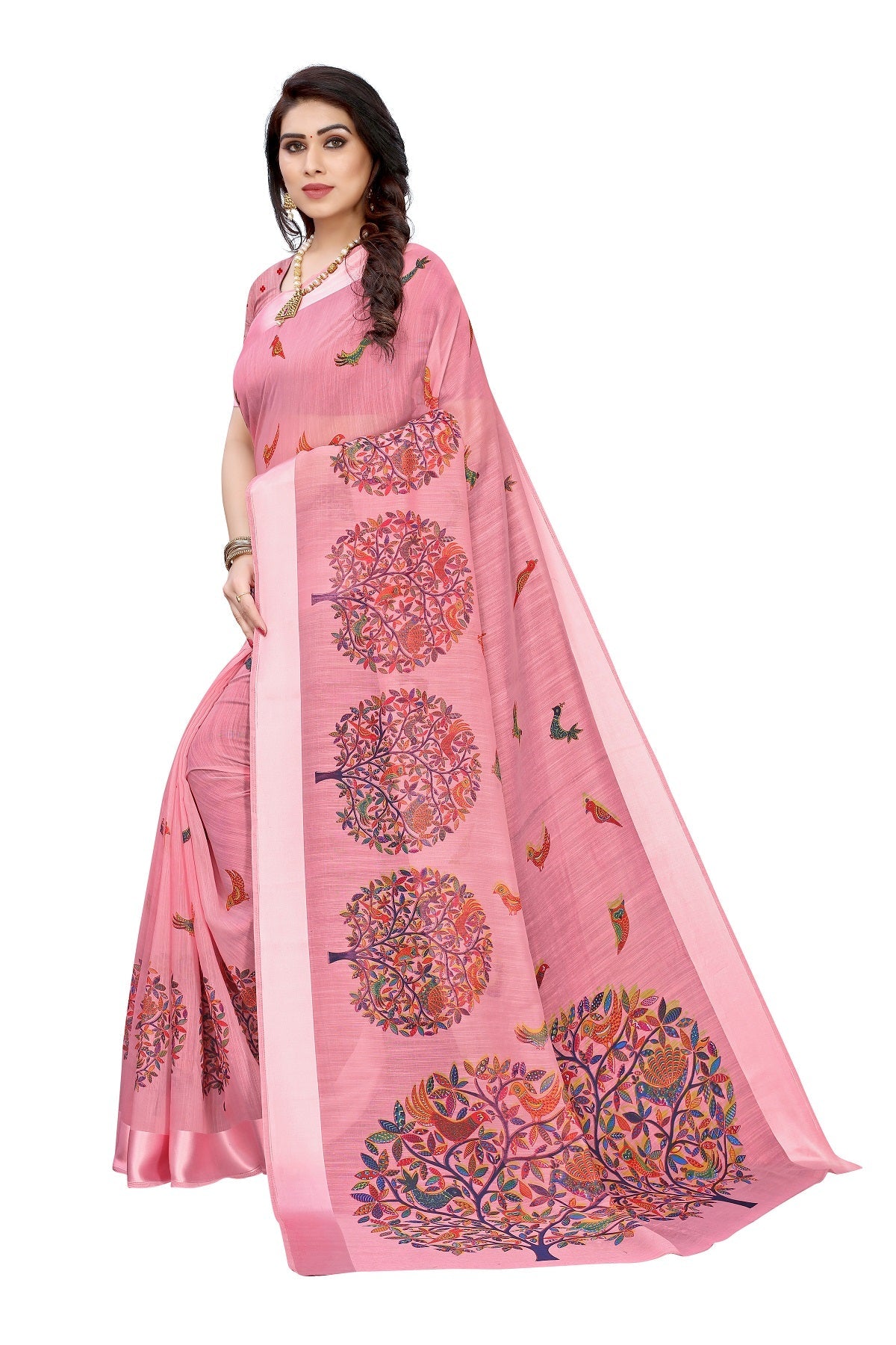 Vamika Linen Satin Border Peach Bollywood Style Saree | Grocsy