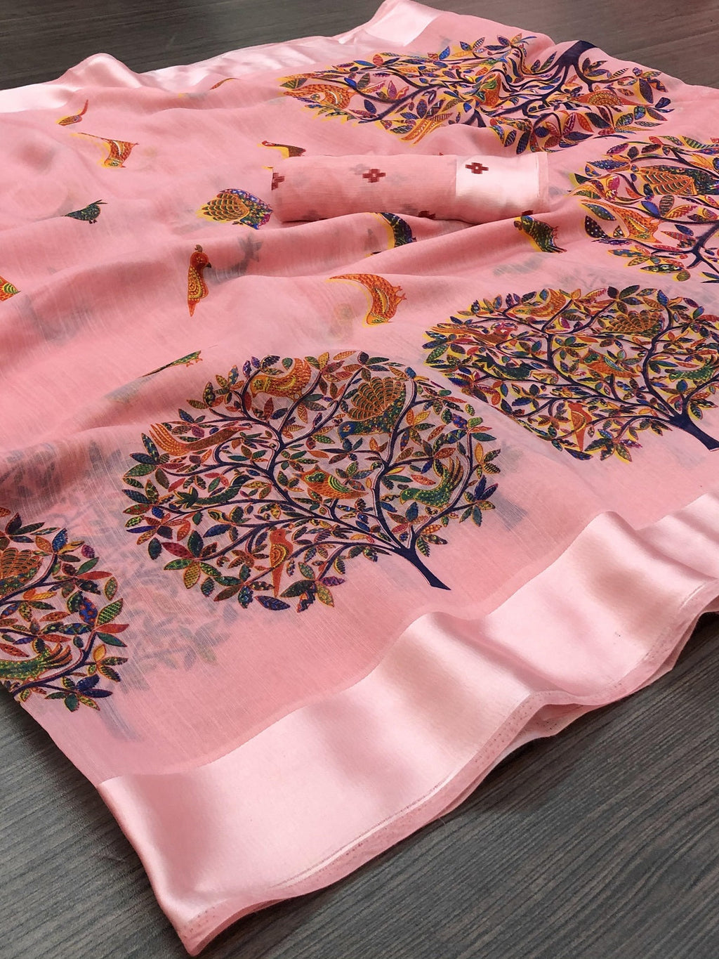 Vamika Linen Satin Border Peach Bollywood Style Saree | Grocsy